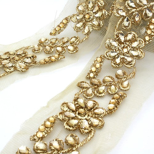 GOLD RHINESTONE FLORAL MESH TRIM - sarahi.NYC