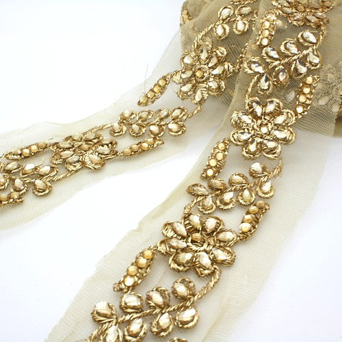 GOLD RHINESTONE FLORAL MESH TRIM - sarahi.NYC