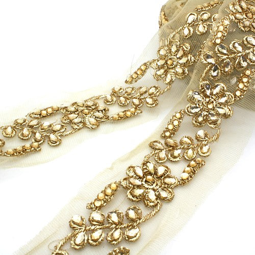 GOLD RHINESTONE FLORAL MESH TRIM - sarahi.NYC