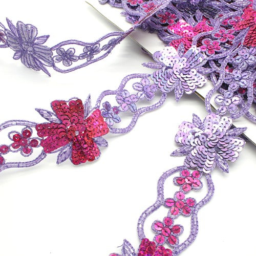 LILAC PINK BEADED FLORAL SEQUIN  TRIM - sarahi.NYC