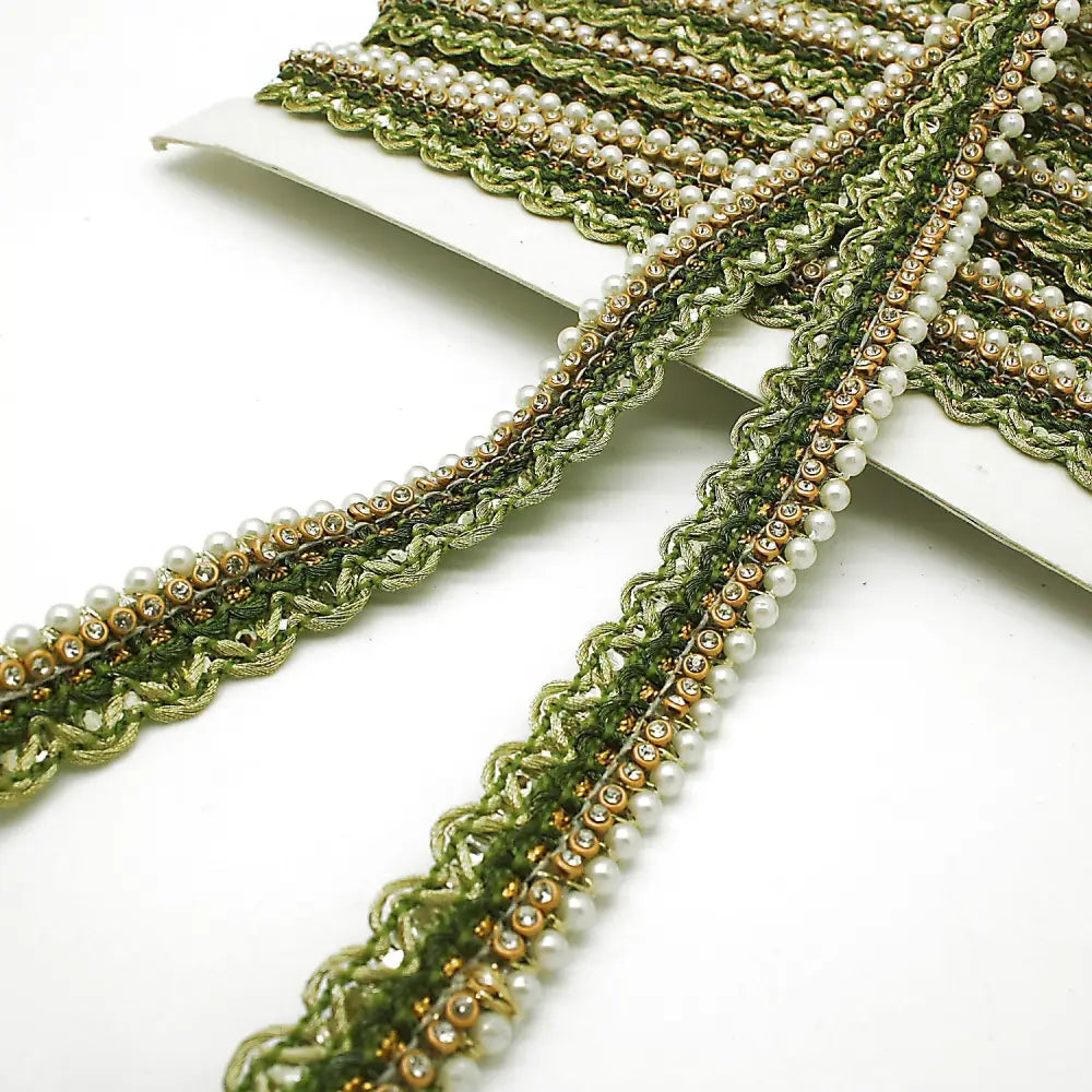 Olive Green Pearl Crystal Edging Trim - Sarahi.nyc Faux Trims