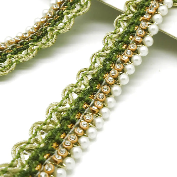 Olive Green Pearl Crystal Edging Trim - Sarahi.nyc Faux Trims
