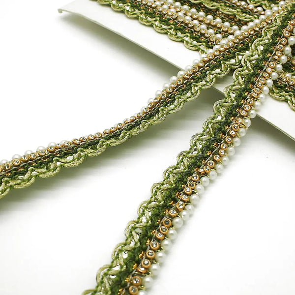 Olive Green Pearl Crystal Edging Trim - Sarahi.nyc Faux Trims