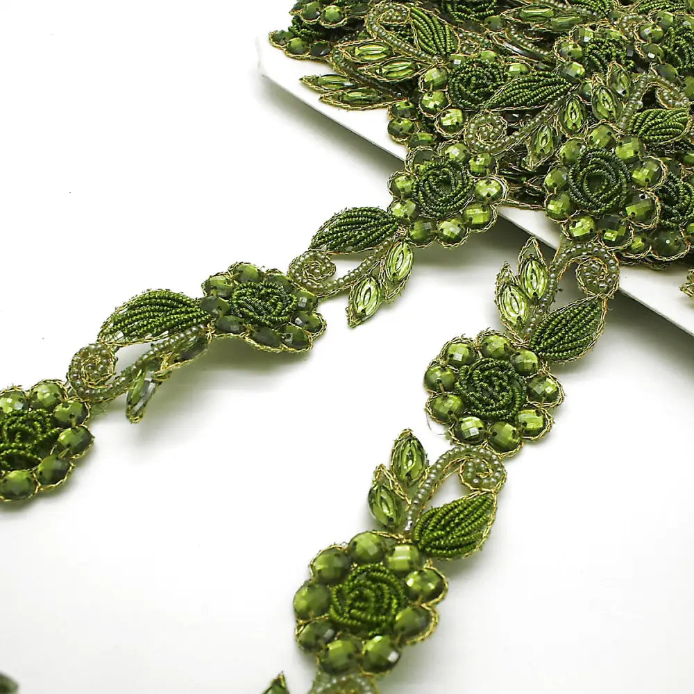 Olive Green Rhinestone Floral Trim - Sarahi.nyc Trims