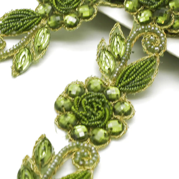 Olive Green Rhinestone Floral Trim - Sarahi.nyc Trims