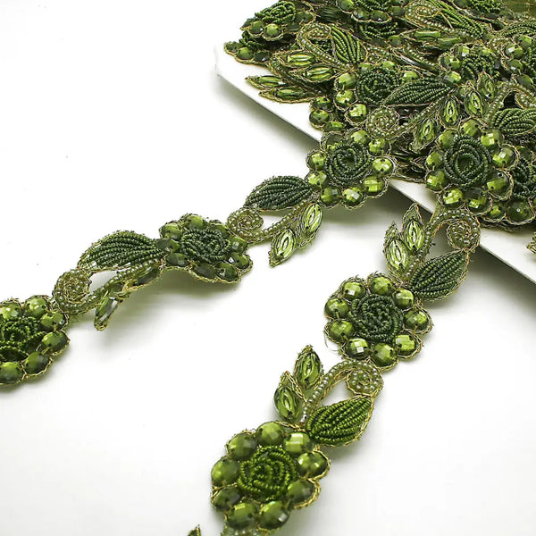 Olive Green Rhinestone Floral Trim - Sarahi.nyc Trims