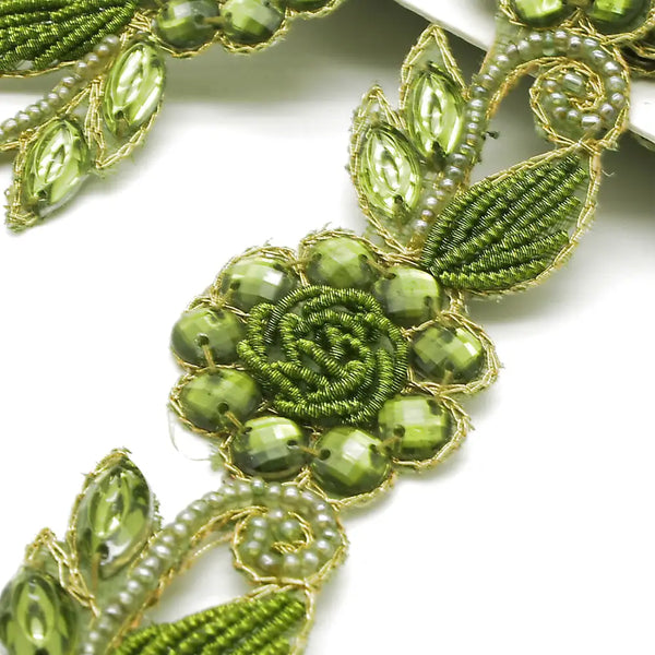 Olive Green Rhinestone Floral Trim - Sarahi.nyc Trims