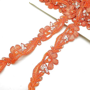 Orange Floral Sequin Beaded Trim - Sarahi.nyc Fabric Trims