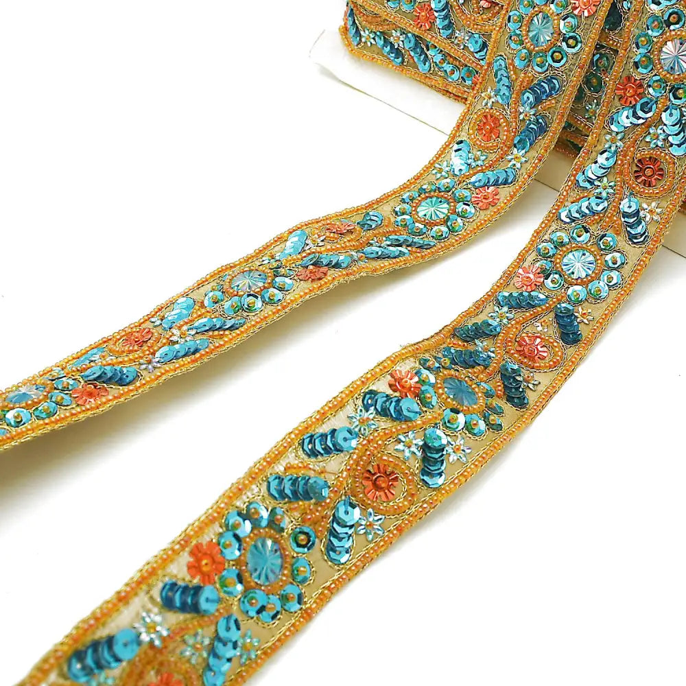Orange Turquoise Sequin Beaded Trim - Sarahi.nyc Fabric Trims