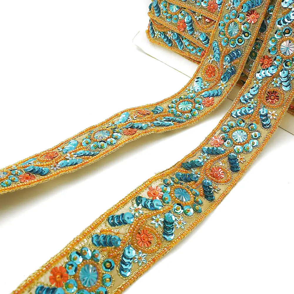 Orange Turquoise Sequin Beaded Trim - Sarahi.nyc Fabric Trims