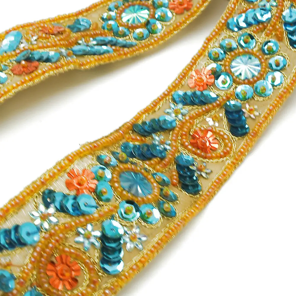Orange Turquoise Sequin Beaded Trim - Sarahi.nyc Fabric Trims