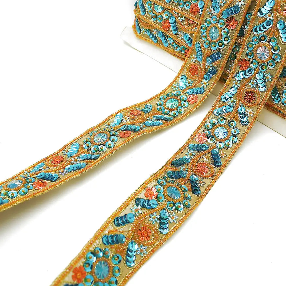 Orange Turquoise Sequin Beaded Trim - Sarahi.nyc Fabric Trims