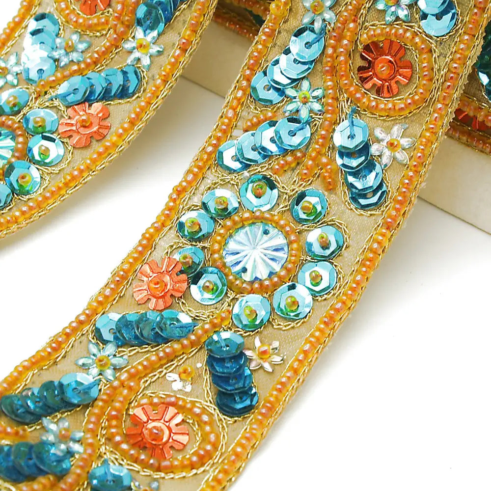 Orange Turquoise Sequin Beaded Trim - Sarahi.nyc Fabric Trims