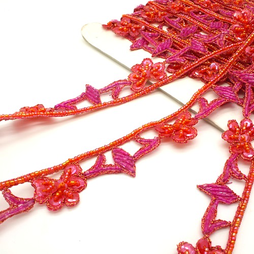 PINK ORANGE FLORAL BEADED TRIM - sarahi.NYC