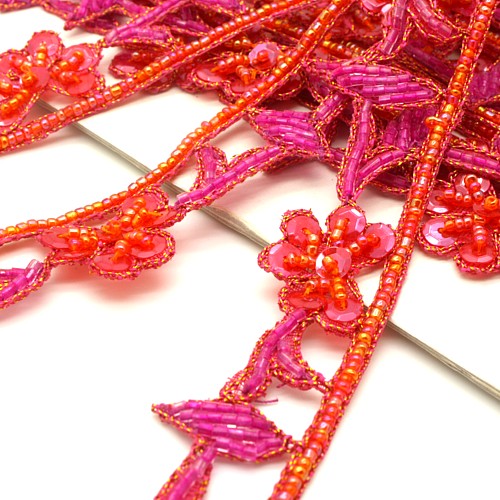 PINK ORANGE FLORAL BEADED TRIM - sarahi.NYC