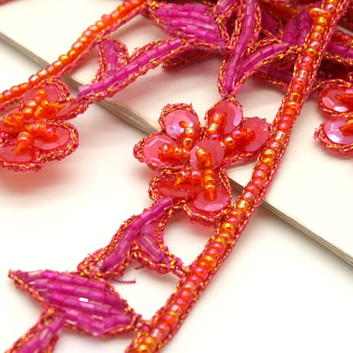 PINK ORANGE FLORAL BEADED TRIM - sarahi.NYC
