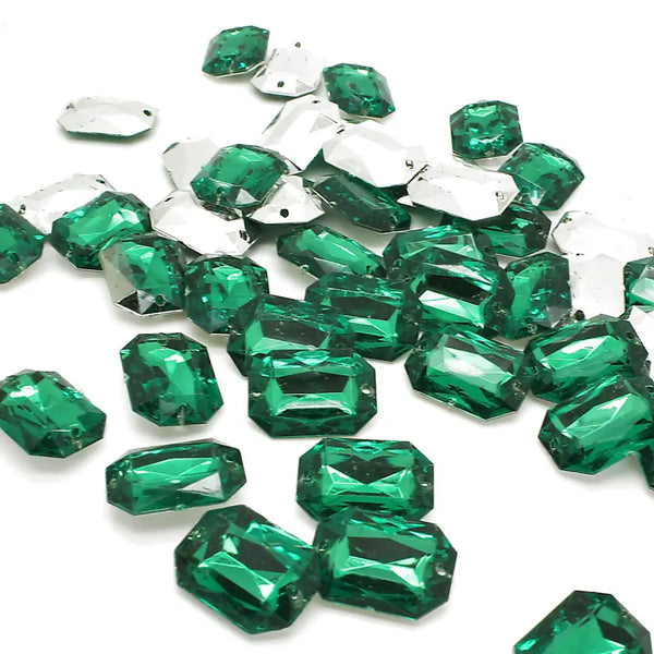 Pack Of 10 - Green Rectangle 25 Mm Rhinestone Gems Sarahi.nyc Sew On Crystals