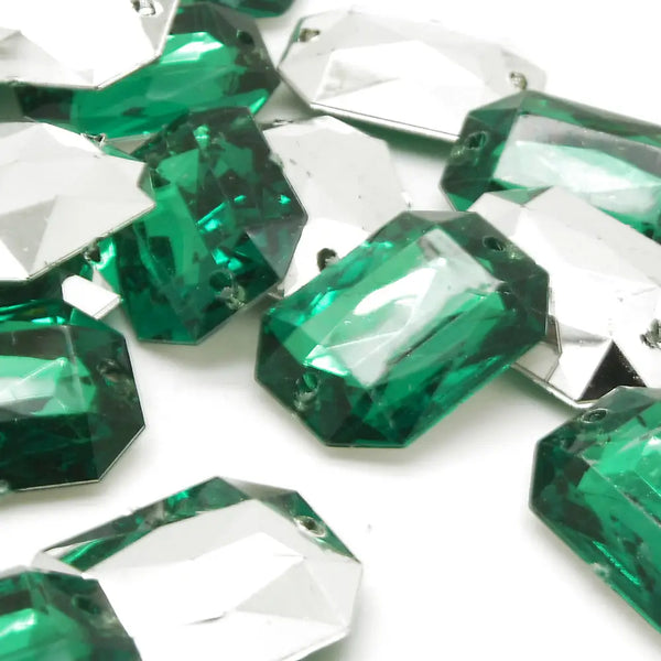 Pack Of 10 - Green Rectangle 25 Mm Rhinestone Gems Sarahi.nyc Sew On Crystals