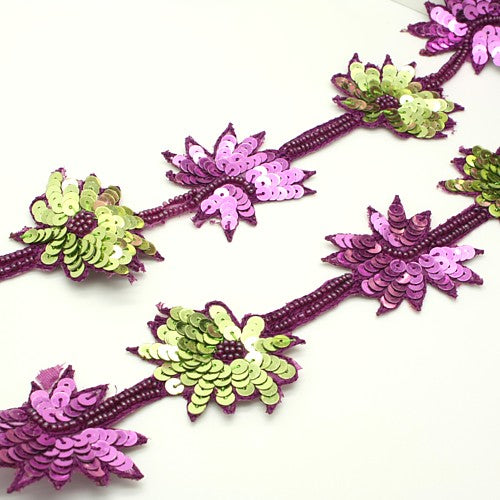 PINK GREEN BEADED FLORAL SEQUIN TRIM - sarahi.NYC