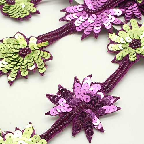 PINK GREEN BEADED FLORAL SEQUIN TRIM - sarahi.NYC