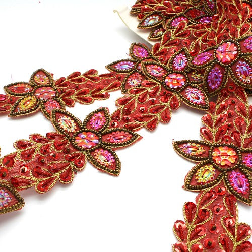 RED MAROON WILD FLOWER GEM TRIM - sarahi.NYC
