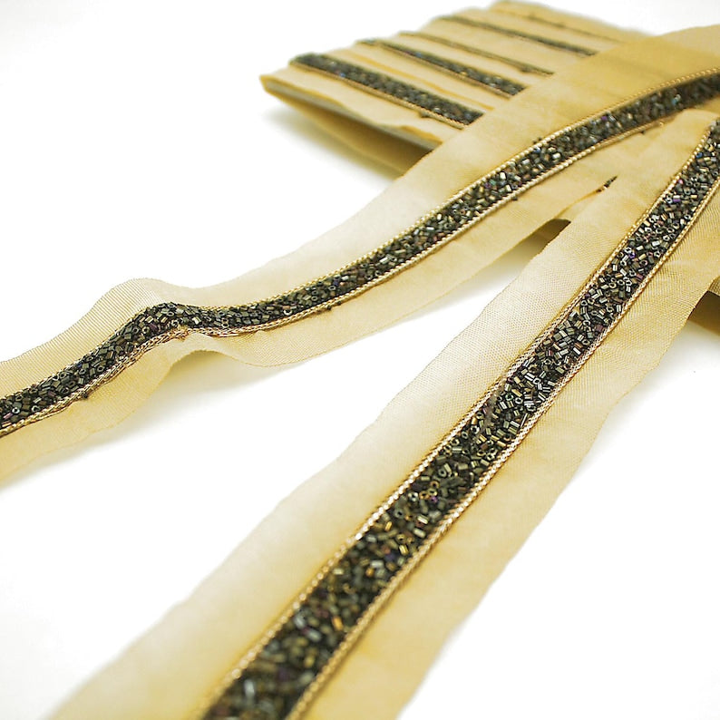 CHARCOAL GRAY IRIDESCENT BEADED TRIM - sarahi.NYC