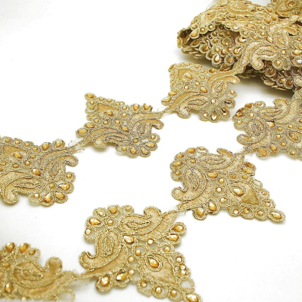 GOLD EMBROIDERED RHINESTONE FABRIC TRIM - sarahi.NYC