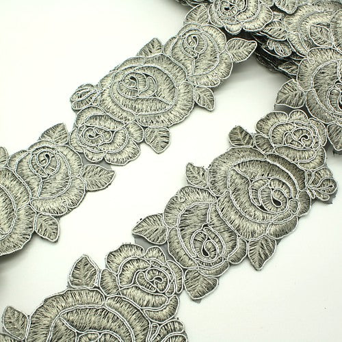 SILVER BLACK ROSE EMBROIDERY TRIM - sarahi.NYC