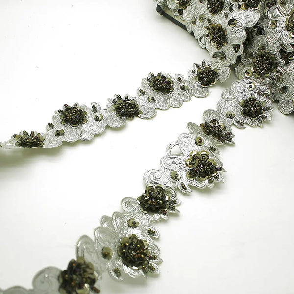 Silver Gunmetal Flower Beaded Sequin Trim - Sarahi.nyc Fabric Trims