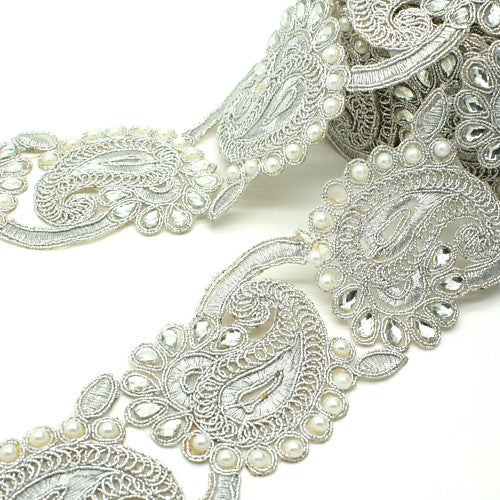 SILVER PEARL RHINESTONE FABRIC TRIM - sarahi.NYC