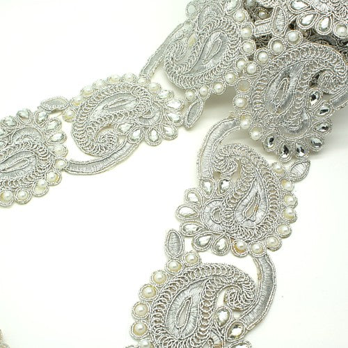 SILVER PEARL RHINESTONE FABRIC TRIM - sarahi.NYC
