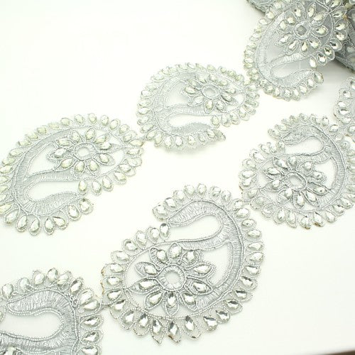 SILVER PAISLEY EXTRA WIDE RHINESTONE TRIM - sarahi.NYC