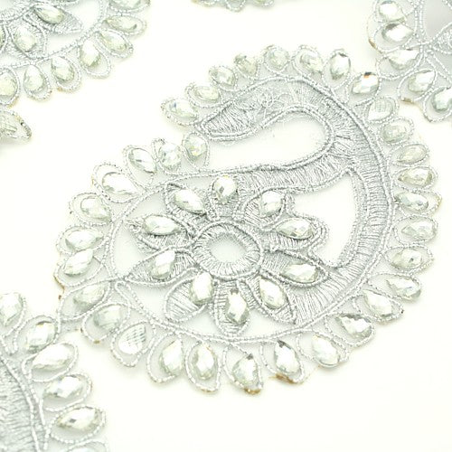 SILVER PAISLEY EXTRA WIDE RHINESTONE TRIM - sarahi.NYC