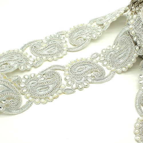 SILVER PEARL RHINESTONE FABRIC TRIM - sarahi.NYC