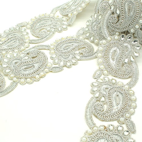 SILVER PEARL RHINESTONE FABRIC TRIM - sarahi.NYC