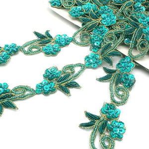 TEAL GREEN SEQUIN FLORAL BEADED TRIM - sarahi.NYC