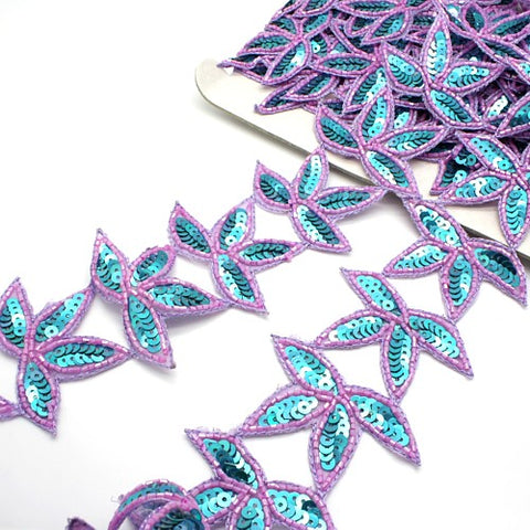 TURQUOISE LILAC BEADED SEQUIN LEAF TRIM - sarahi.NYC