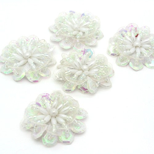 WHITE IRIDESCENT SEQUIN FLOWER  MOTIFS - Pack of 5 - sarahi.NYC