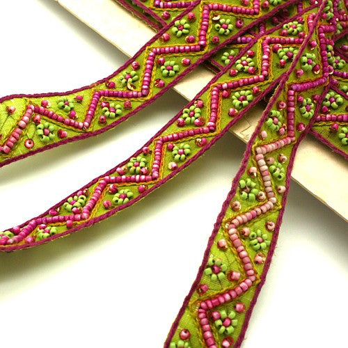 GREEN PINK BEADED FABRIC TRIM - sarahi.NYC - Sarahi.NYC