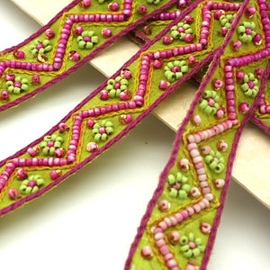 GREEN PINK BEADED FABRIC TRIM - sarahi.NYC - Sarahi.NYC