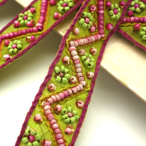GREEN PINK BEADED FABRIC TRIM - sarahi.NYC - Sarahi.NYC