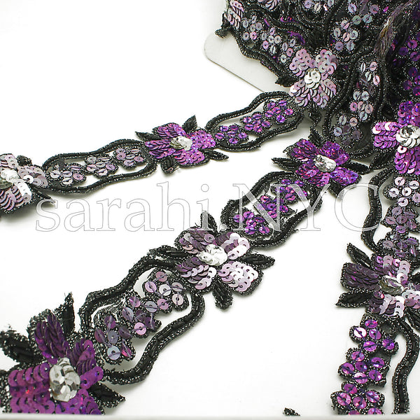 PURPLE SILVER FLORAL BEADED SEQUIN TRIM - sarahi.NYC - Sarahi.NYC