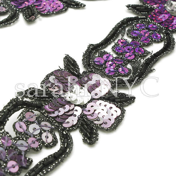 PURPLE SILVER FLORAL BEADED SEQUIN TRIM - sarahi.NYC - Sarahi.NYC