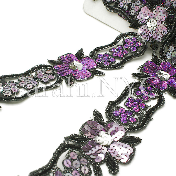 PURPLE SILVER FLORAL BEADED SEQUIN TRIM - sarahi.NYC - Sarahi.NYC