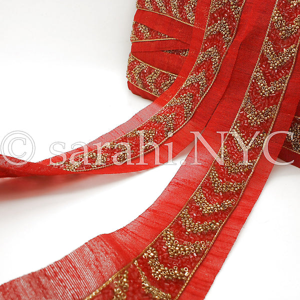 RED GOLD BUGLE BEADED FABRIC TRIM - sarahi.NYC - Sarahi.NYC