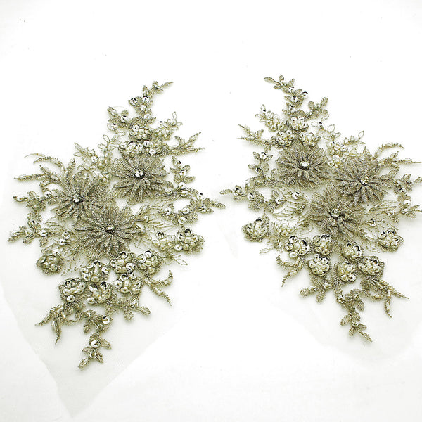 SILVER BEADED NET APPLIQUE PAIR - sarahi.NYC