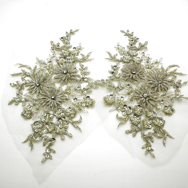 SILVER BEADED NET APPLIQUE PAIR - sarahi.NYC