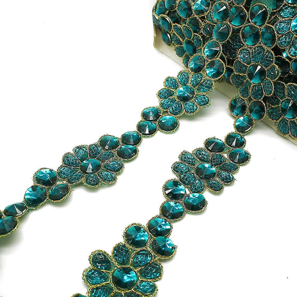 TEAL GREEN FLORAL RHINESTONE TRIM - sarahi.NYC