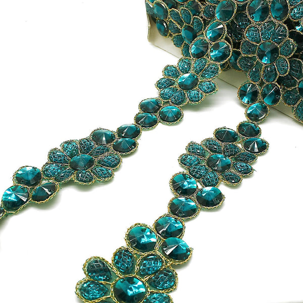 TEAL GREEN FLORAL RHINESTONE TRIM - sarahi.NYC