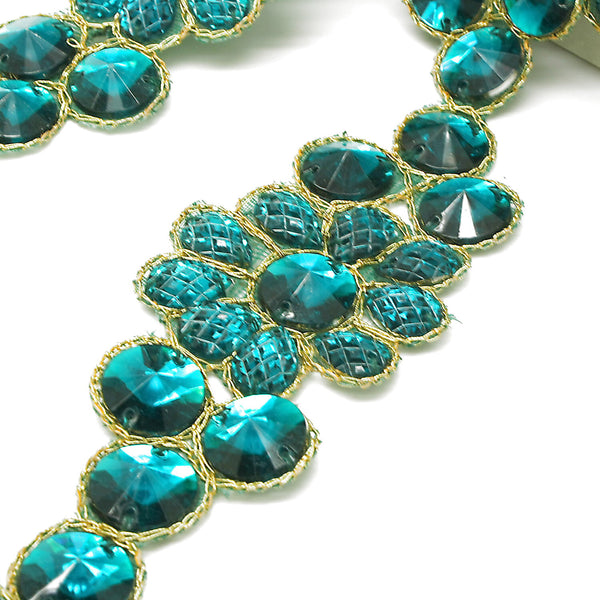 TEAL GREEN FLORAL RHINESTONE TRIM - sarahi.NYC